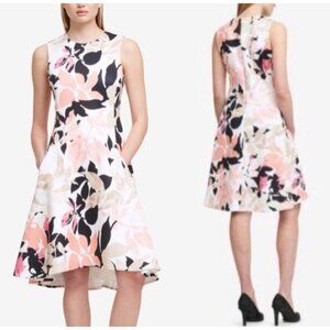 DKNY Dress 16 Ivory Orange Black Floral Stretch A line Sleeveless Career Church